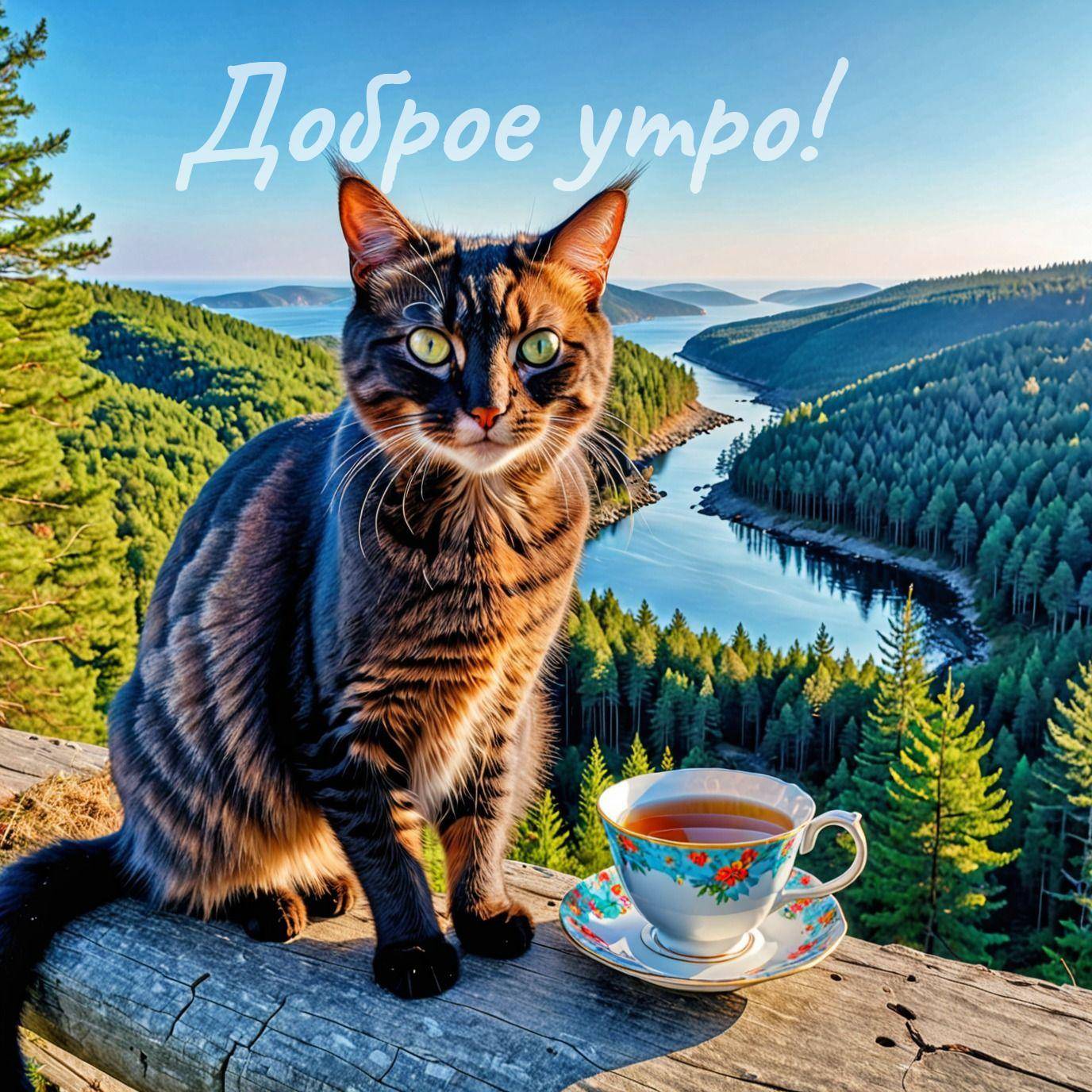 Утро, кот с полосатой шерстью на деревянной поверхности перед чашкой чая