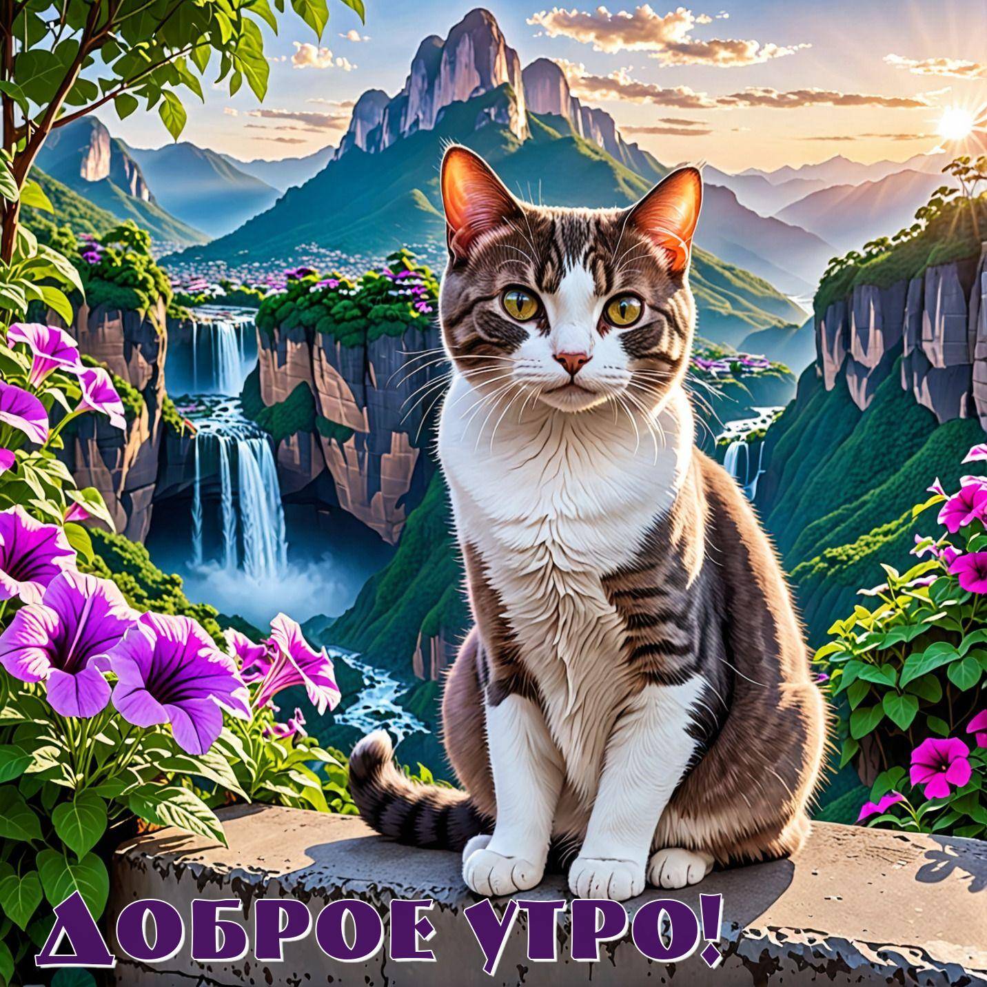 Утро, кот с полосатой шерстью на фоне гор и цветов