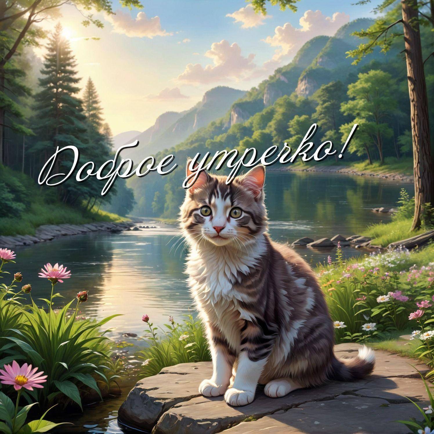 Утро, кот с полосатой шерстью на камне у реки