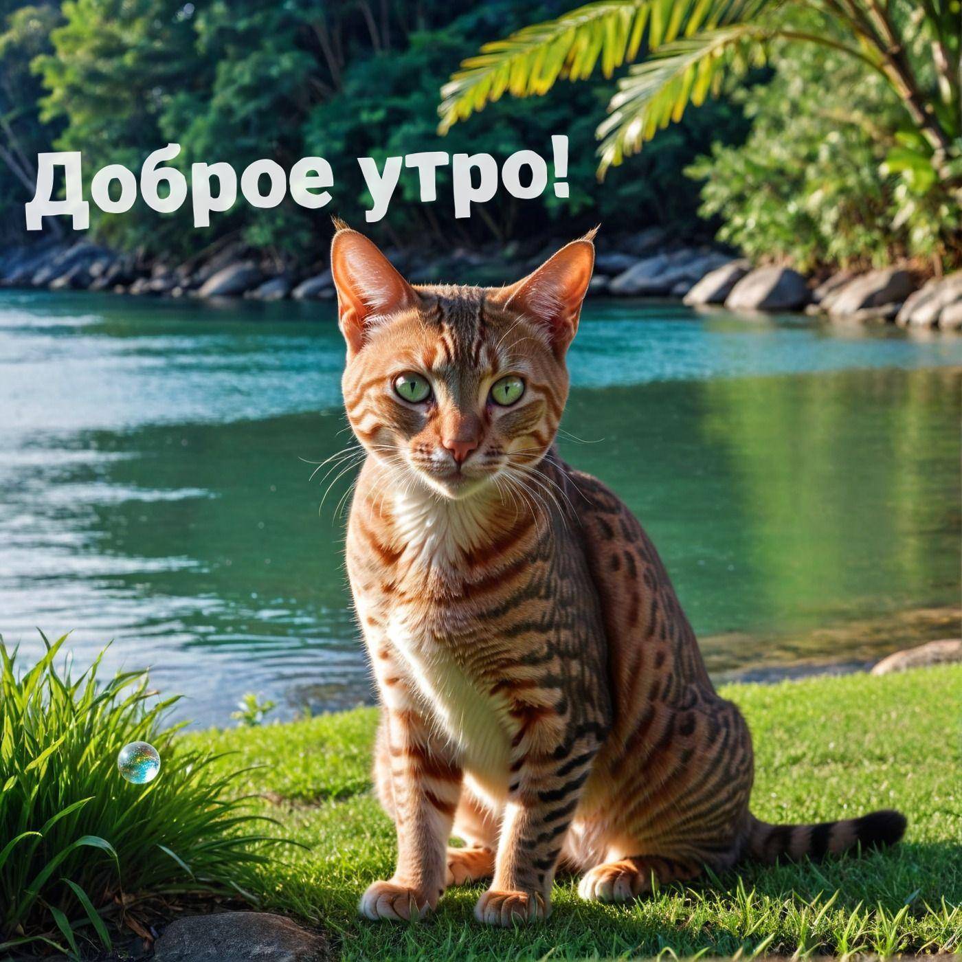 Утро, кот с рыжевато-коричневой шерстью на траве у водоёма