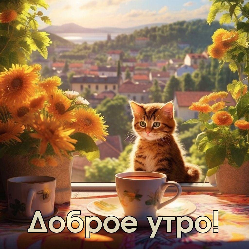 Утро, котенок на подоконнике с чашками чая и цветами