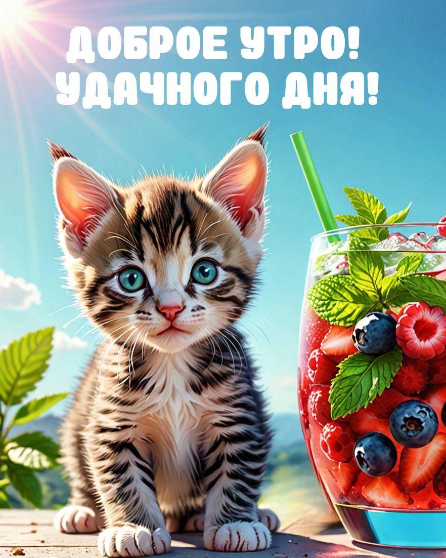 Утро, котенок с голубыми глазами, стакан с напитком