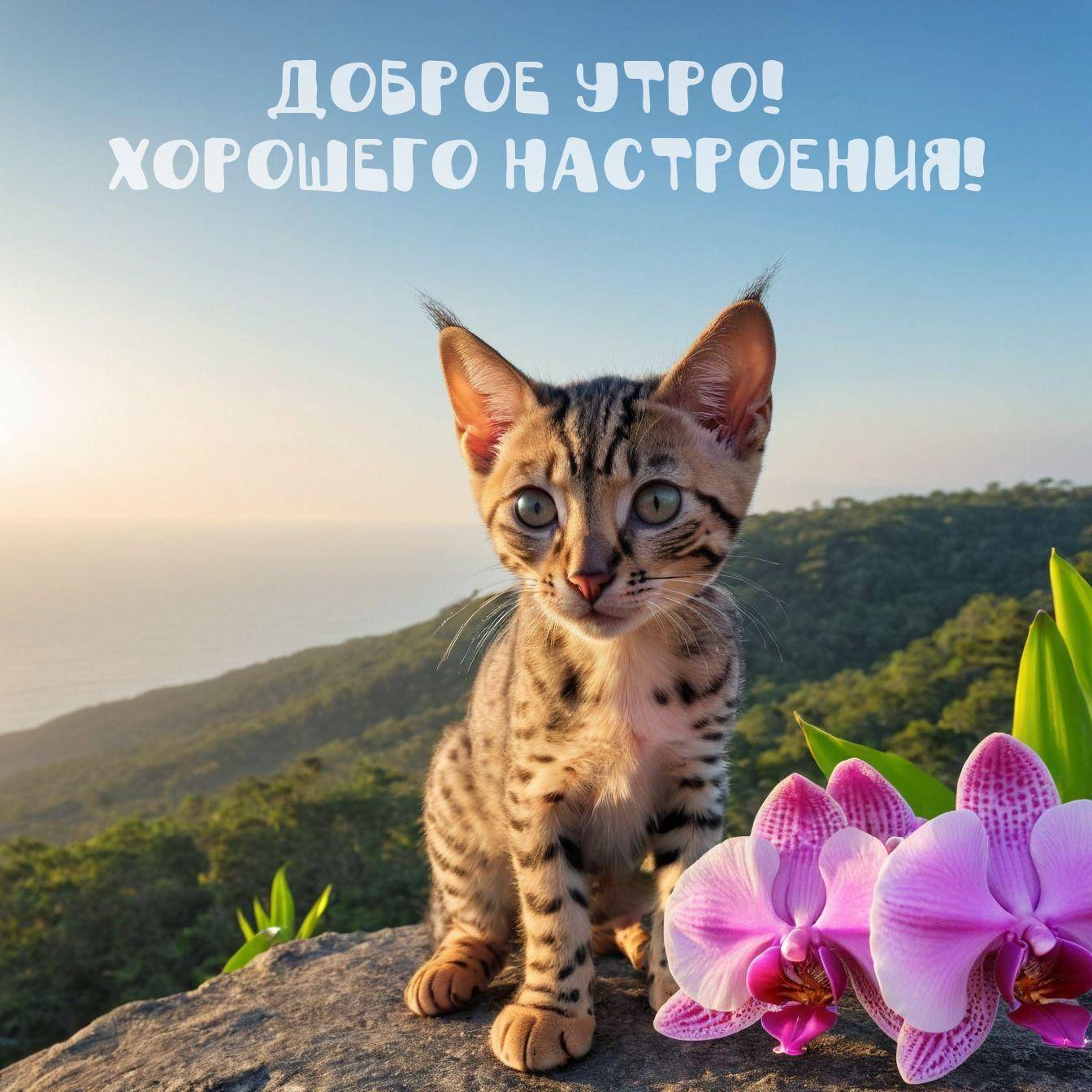 Утро, котенок с пятнистой шерстью и фиолетовые орхидеи на фоне пейзажа