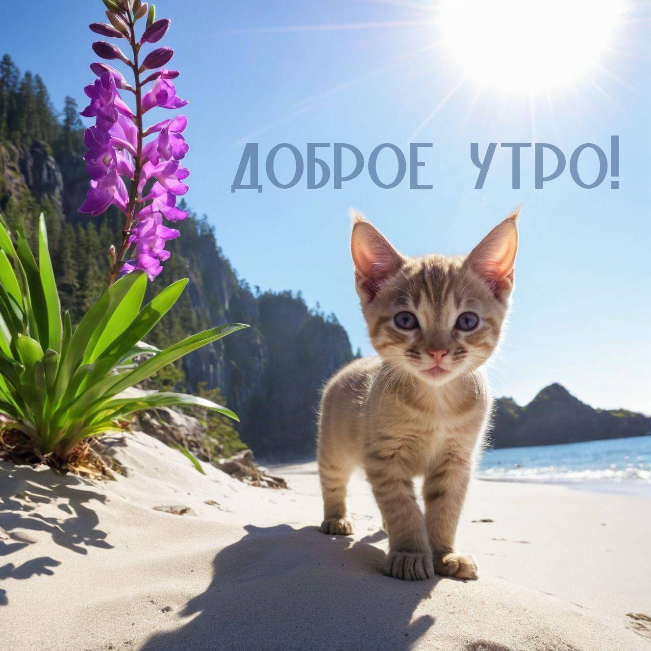 Утро, котёнок на пляже, рядом цветок, сзади море и скалы