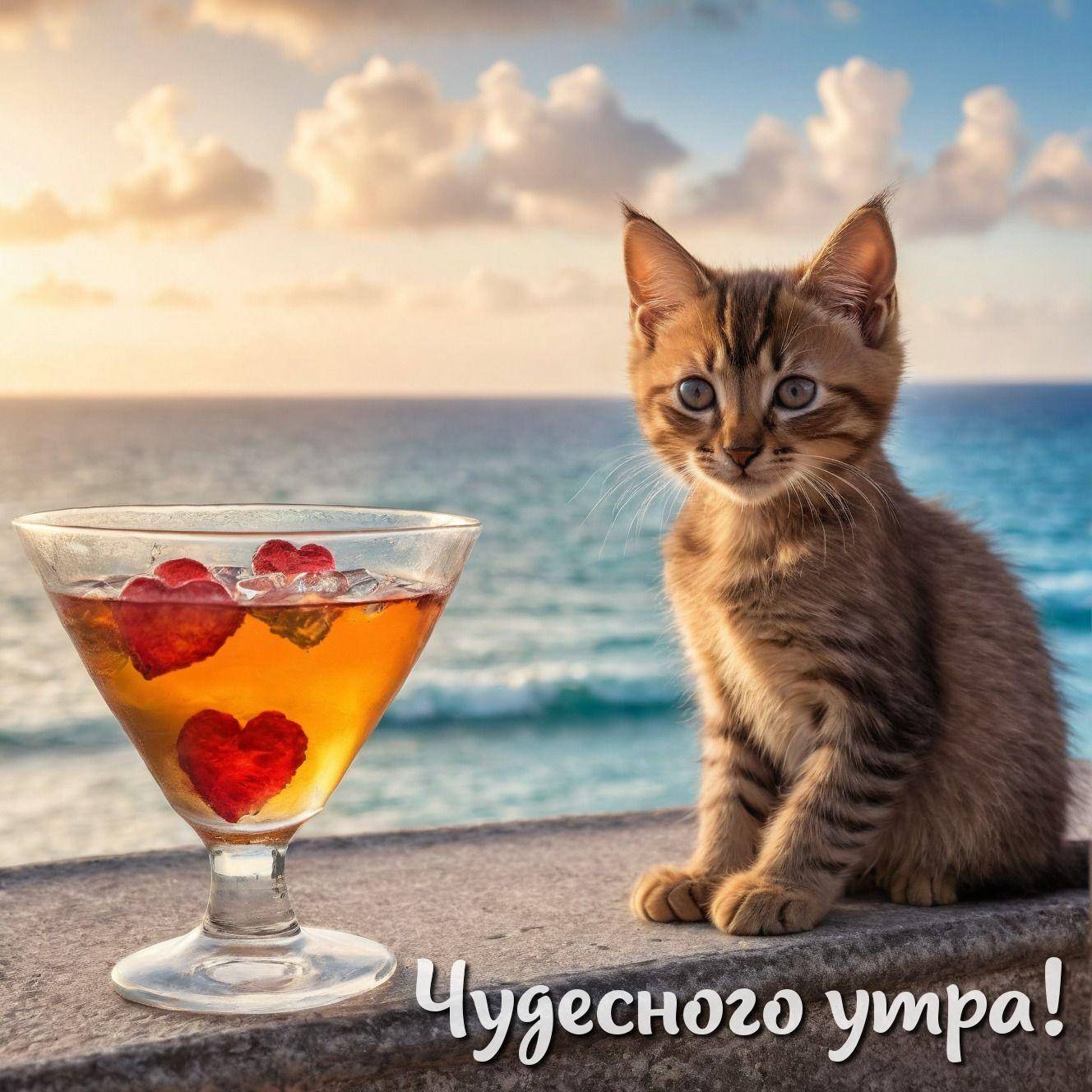 Утро, котёнок с бокалом у моря на закате