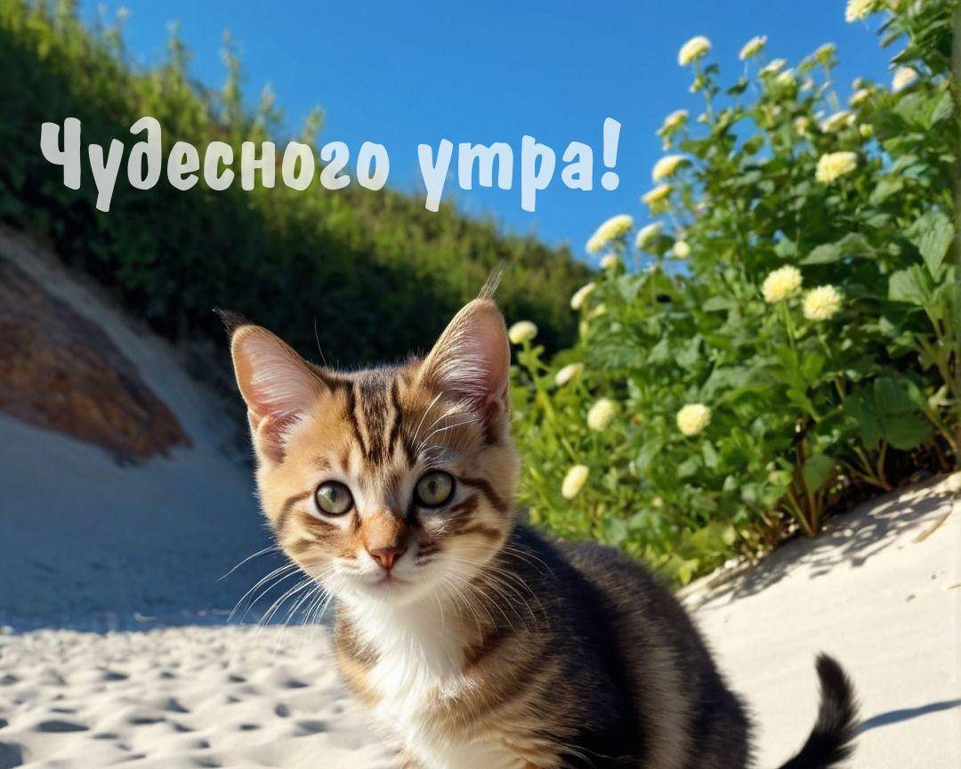 Утро, котёнок сидит на песке, на фоне зелени