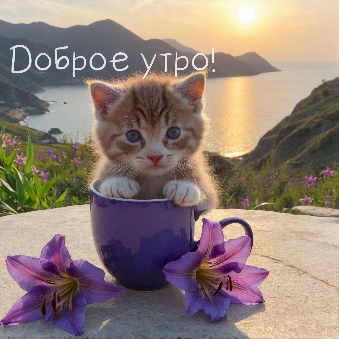 Утро, котёнок в фиолетовой кружке на столе с цветами