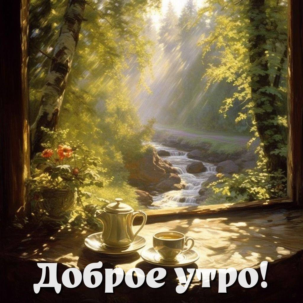 Утро, красивая лесная сцена с чаем на подоконнике
