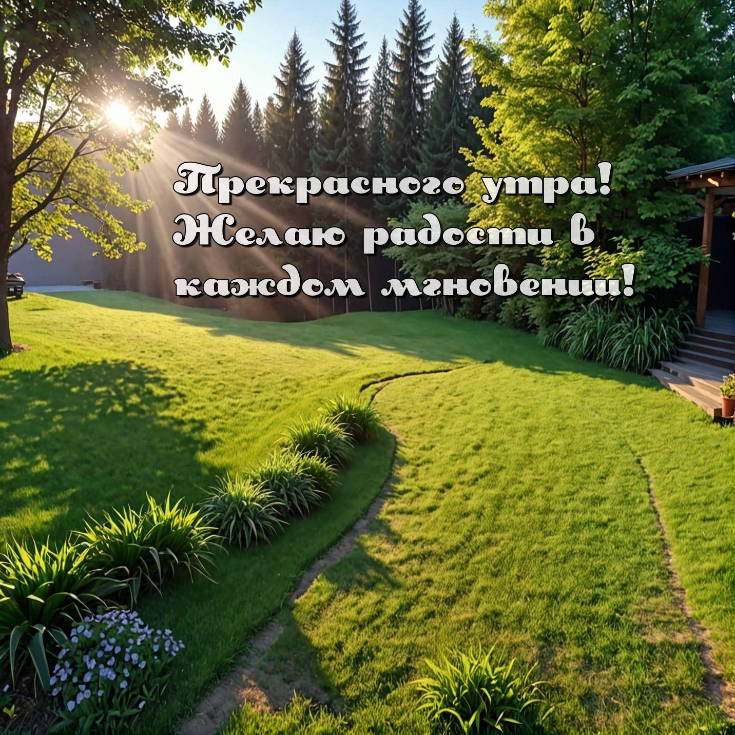 Утро, красивая летняя клумба, сад с газоном