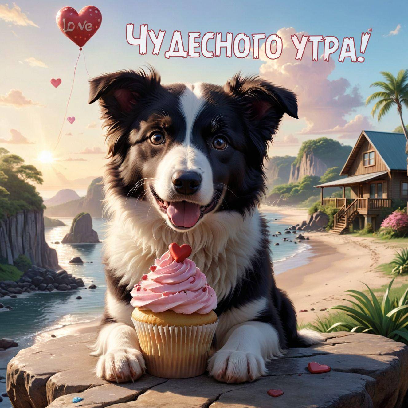 Утро, красивая собака на пляже, кекс, сердечки на фоне моря