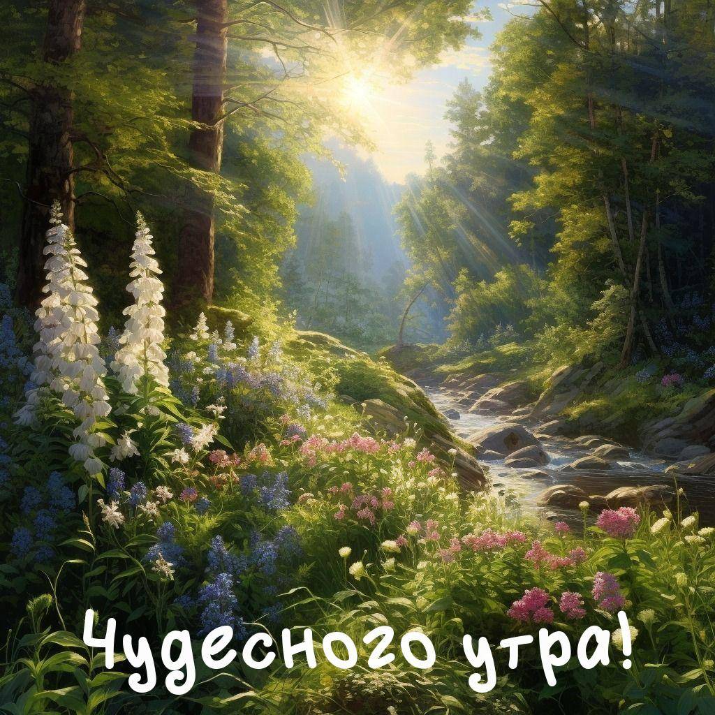 Утро, красивый лесной пейзаж с цветами и растениями.