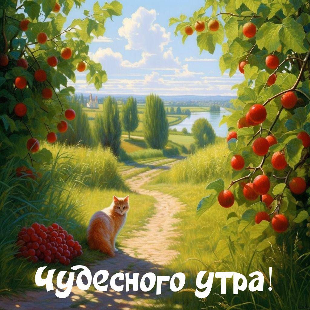 Утро, красивый летний пейзаж с рыжим котом на тропинке.