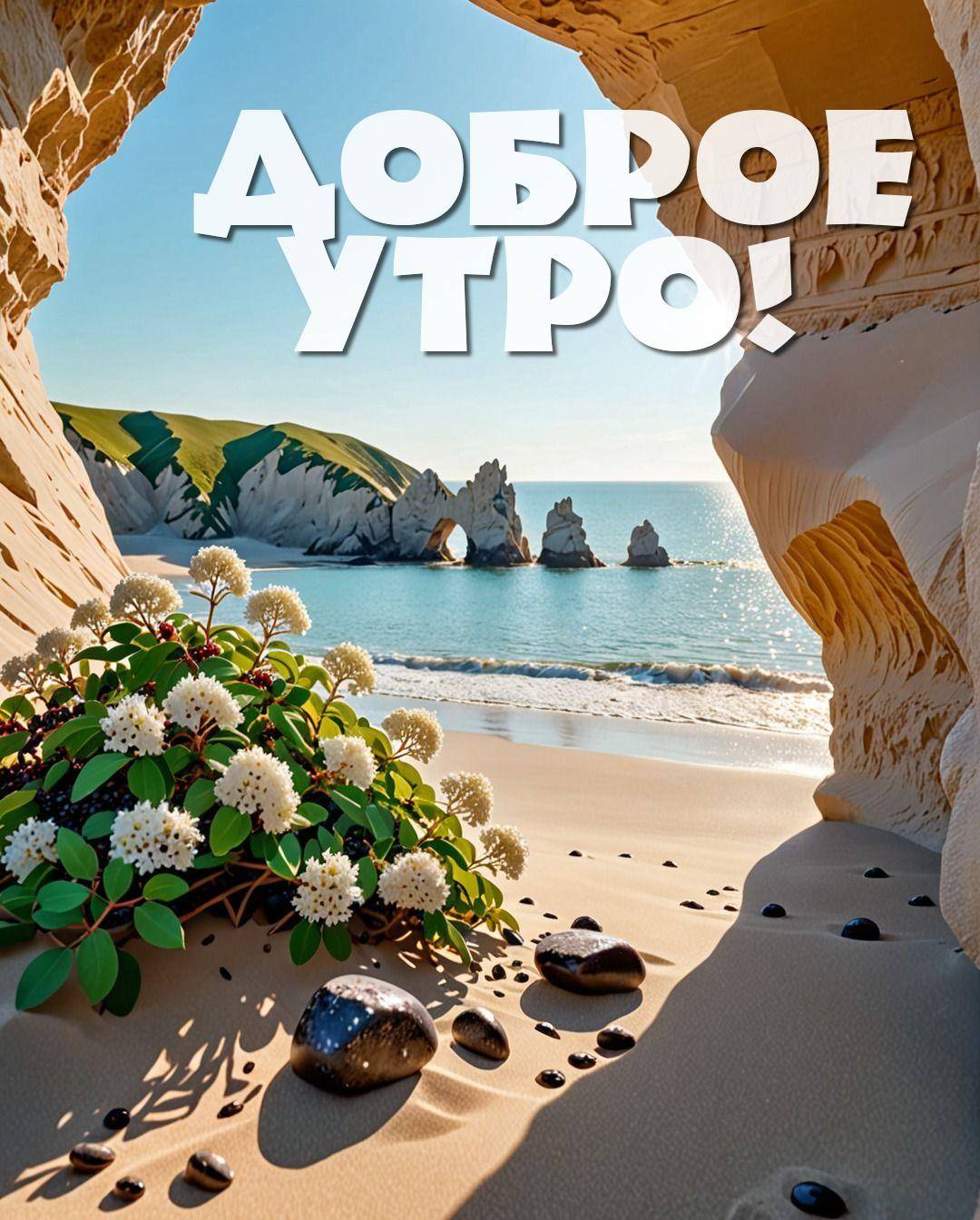 Утро, красивый морской пейзаж с пляжем и растением