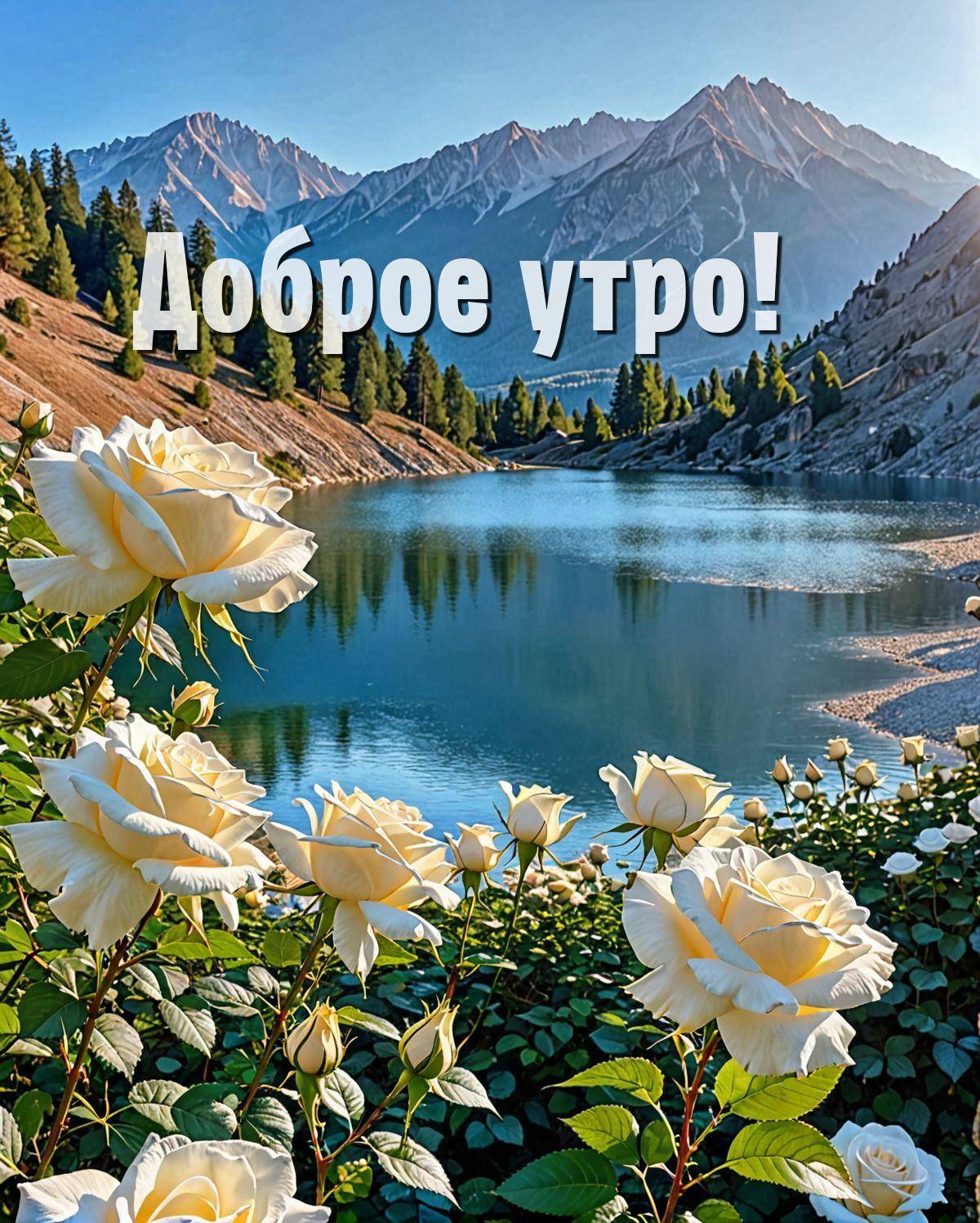 Утро, красивый пейзаж с горным озером и белыми розами