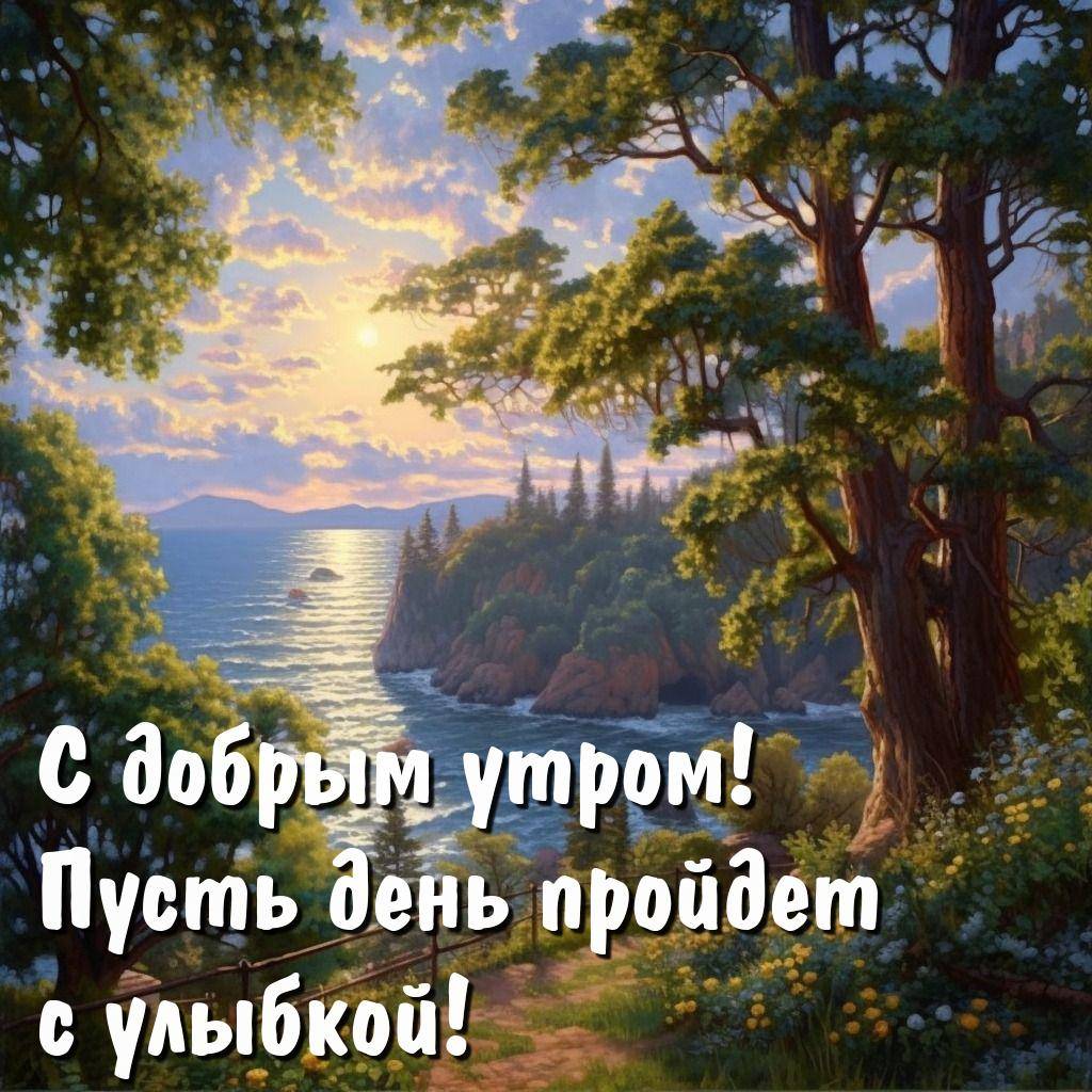 Утро, красивый пейзаж с морем, деревья и цветы