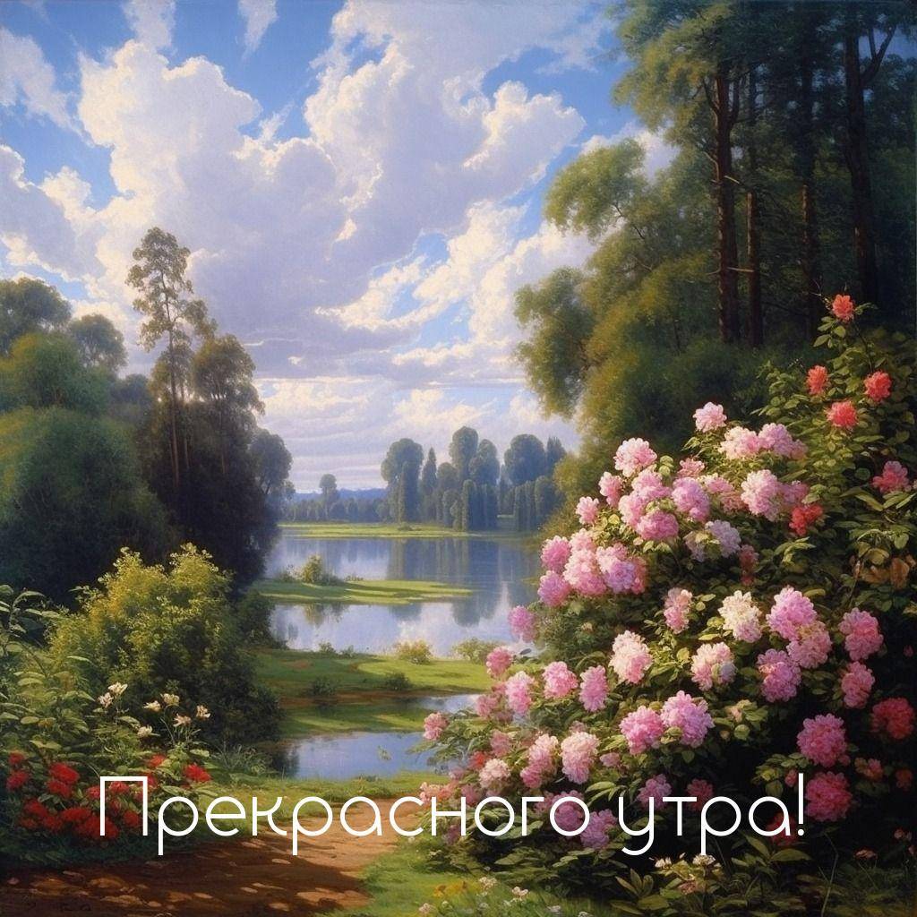 Утро, красивый пейзаж с озером и деревьями