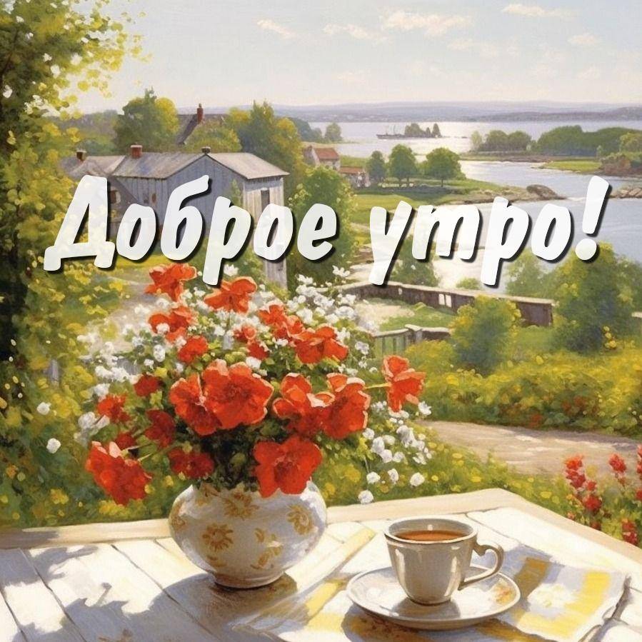 Утро, красивый пейзаж с рекой, стол с цветами и чаем