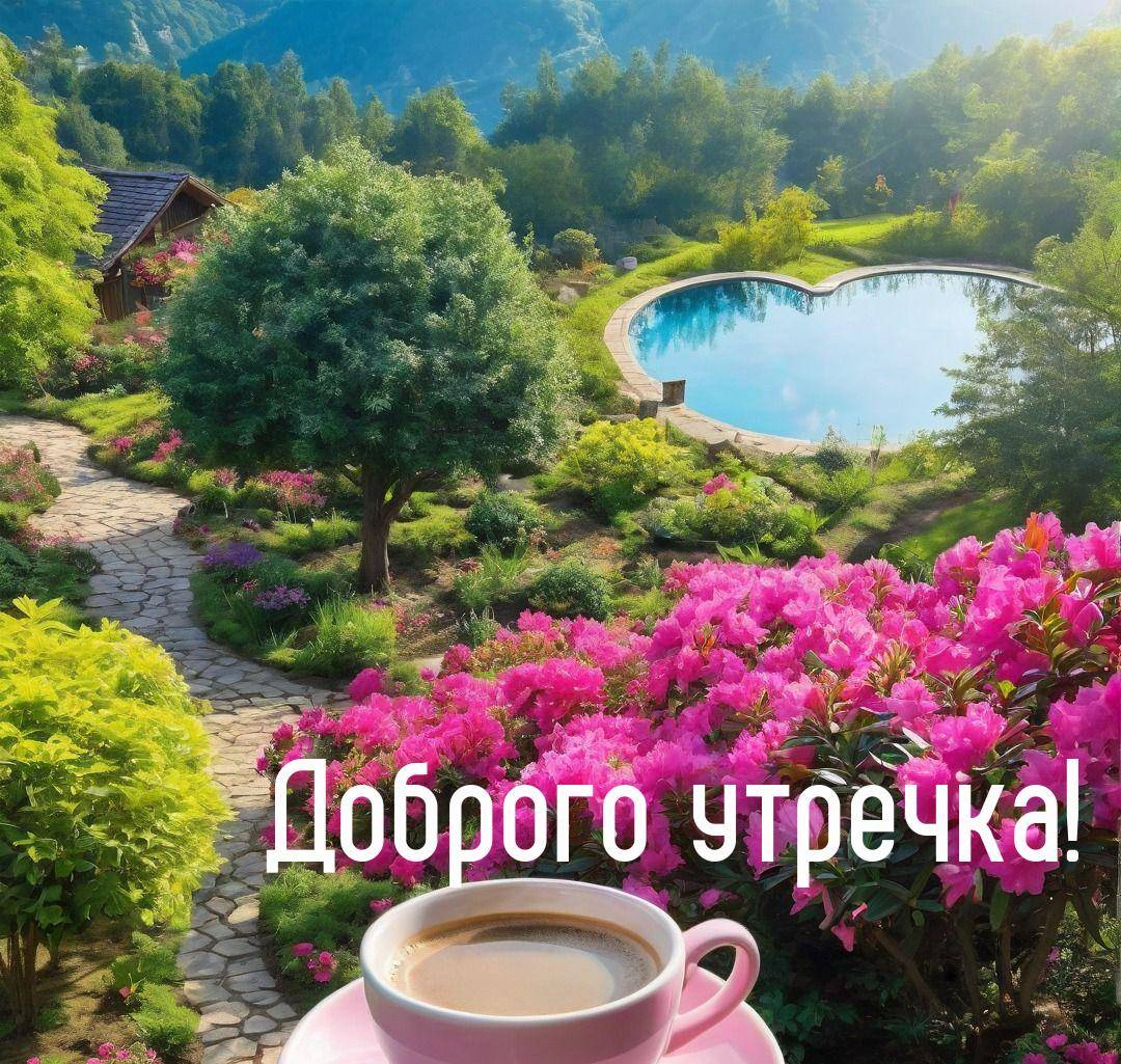 Утро, красивый сад с яркими цветами и зеленью