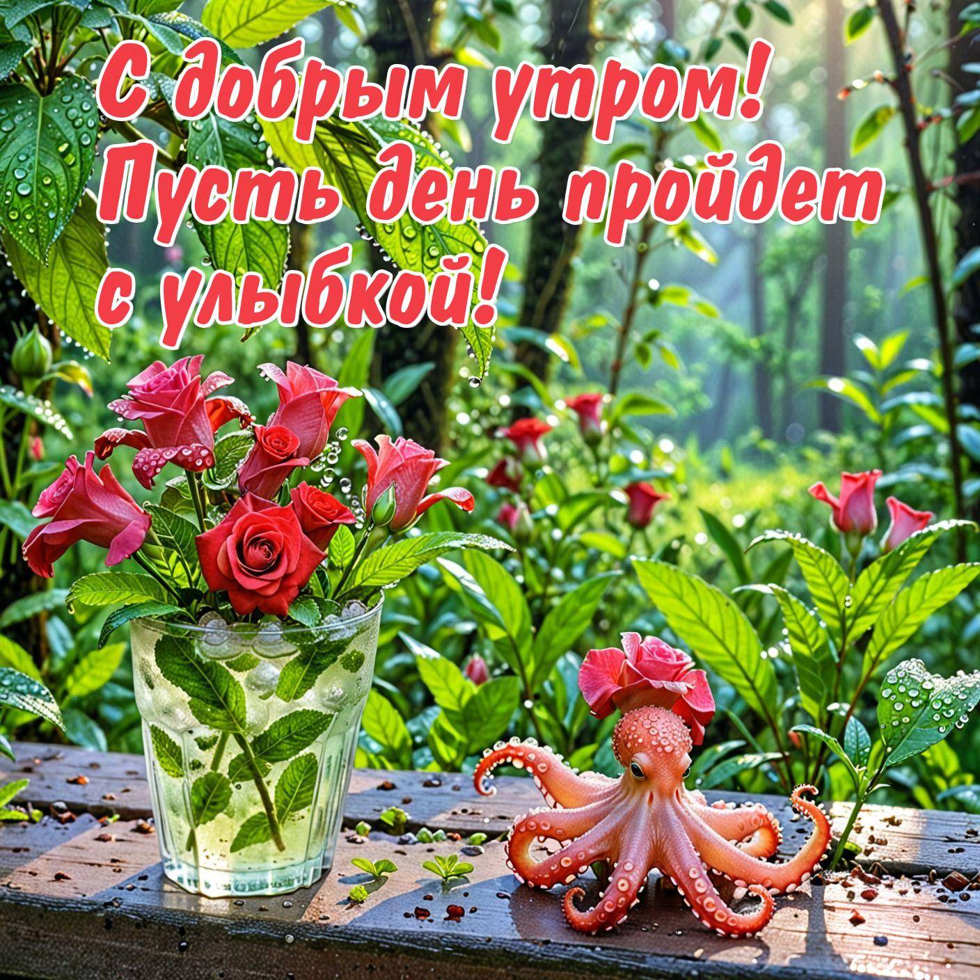 Утро, красивый сад, ваза с розами и розовый осьминог