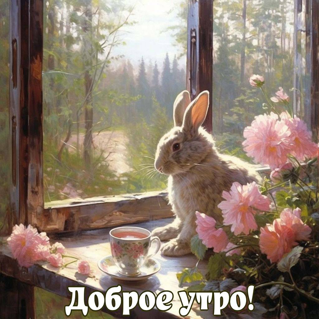 Утро, кролик на подоконнике с чашкой чая, цветы, лес