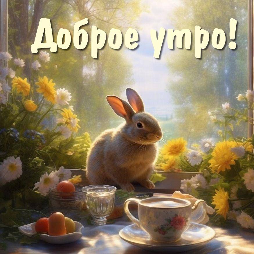 Утро, кролик на подоконнике с цветами