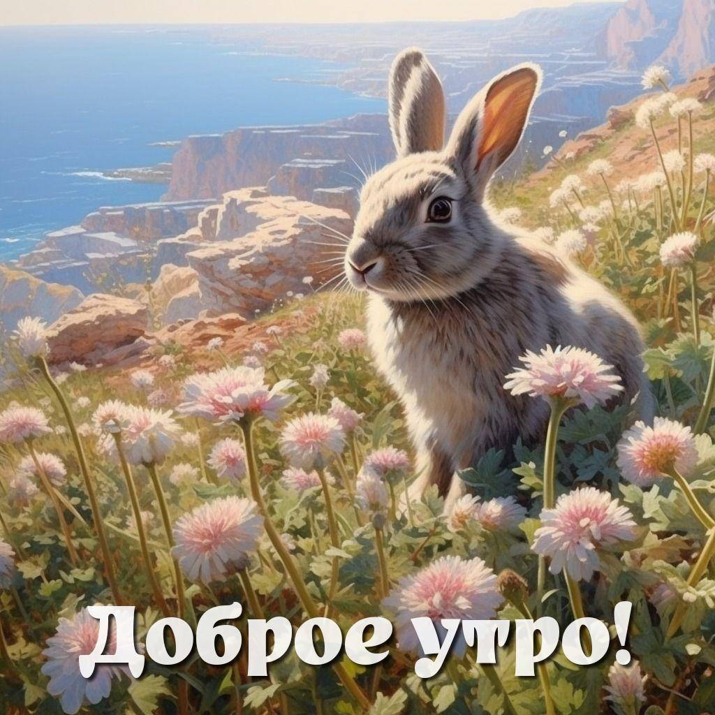 Утро, кролик среди цветов у берега моря