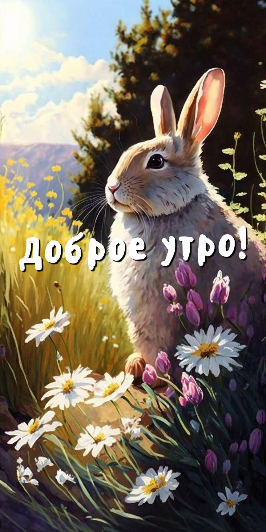 Утро, кролик среди цветов в солнечный день