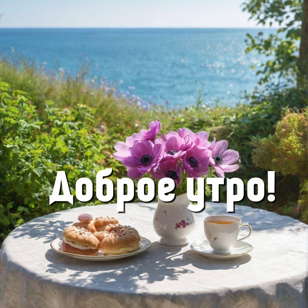 Утро, круглый стол с вазой цветов и чаем