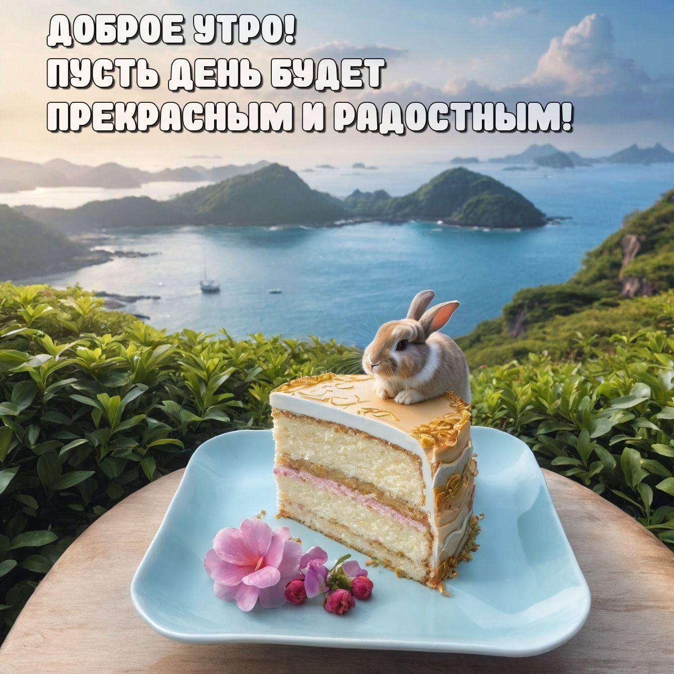 Утро, кусок торта с кроликом на фоне моря