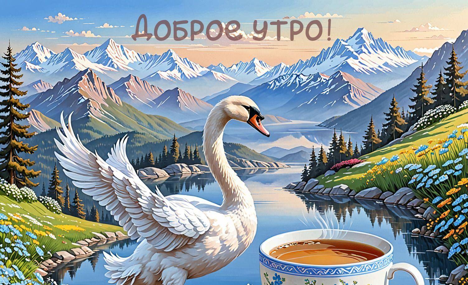 Утро, лебедь с расправленными крыльями на фоне озера и гор