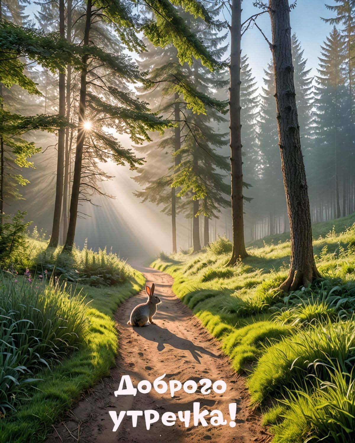 Утро, лес с солнечными лучами и зайчиком