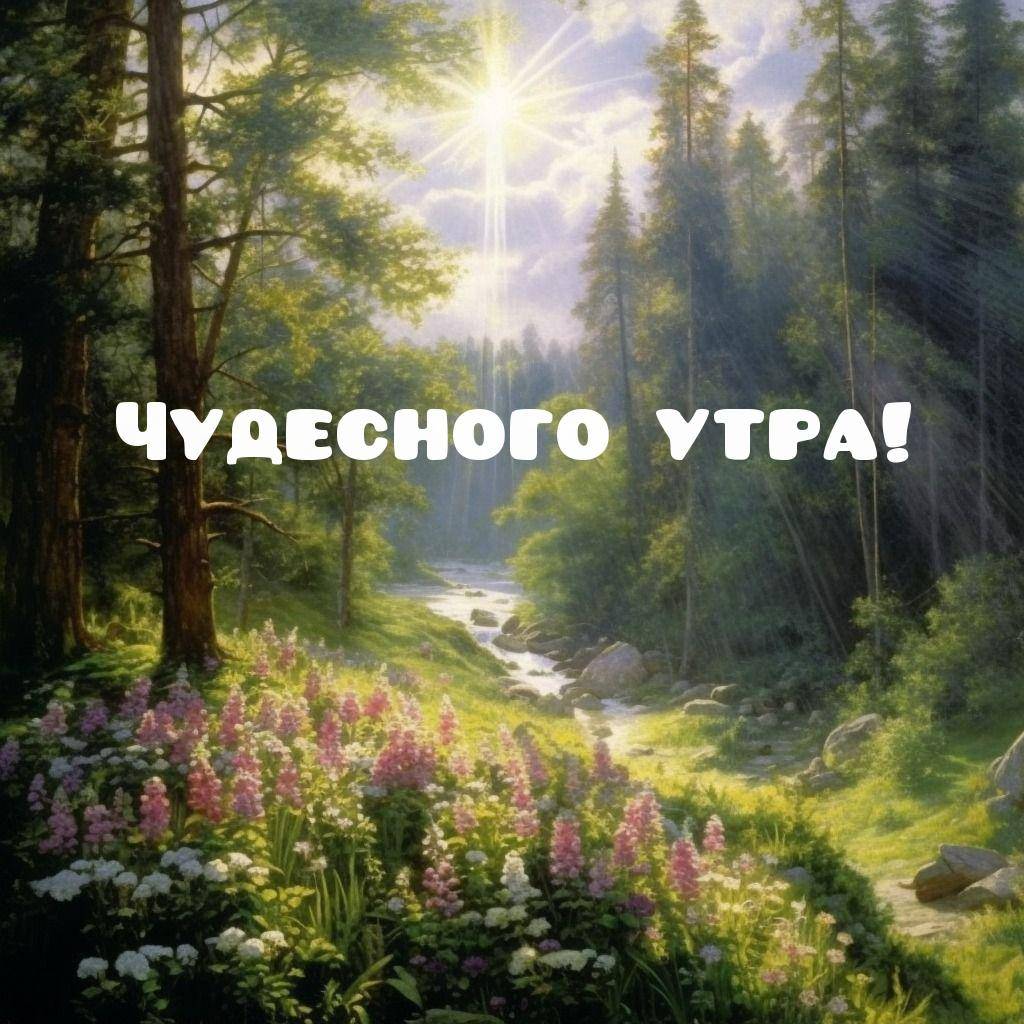 Утро, лесной пейзаж с солнечными лучами и цветами на лугу