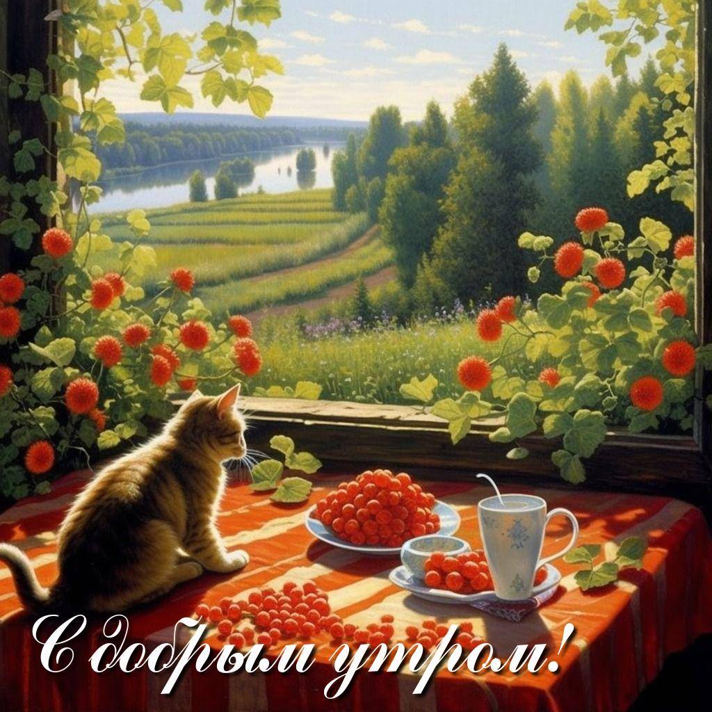 Утро, летний день, стол с котенком и малиной