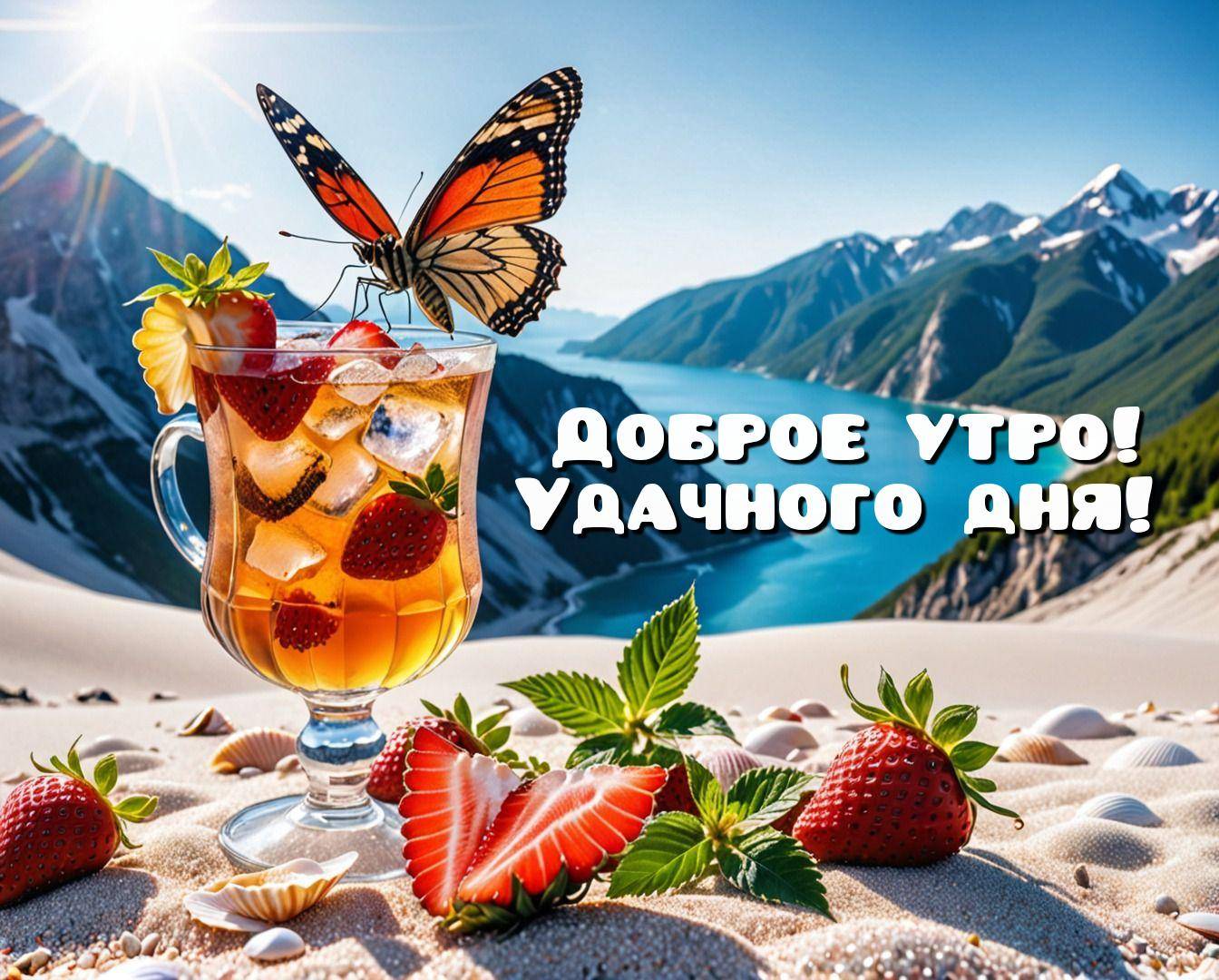Утро, летний пейзаж с бокалом напитка и бабочкой