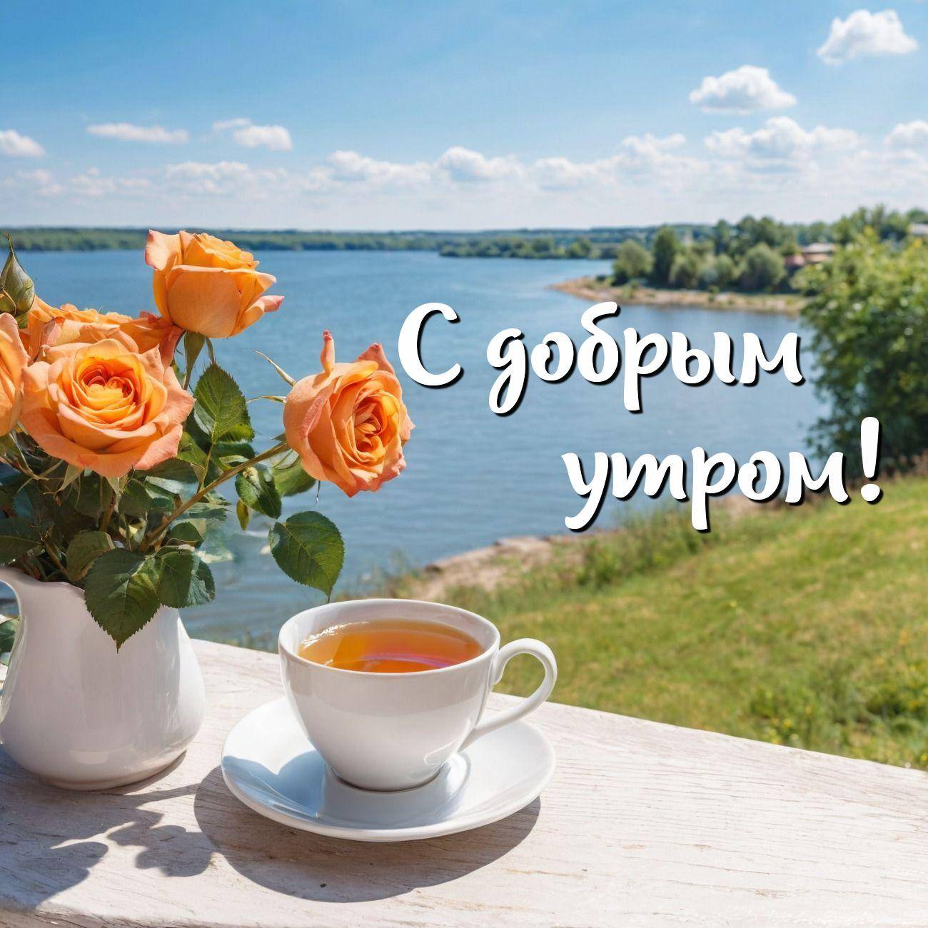 Утро, летний пейзаж с чаем и вазой с розами