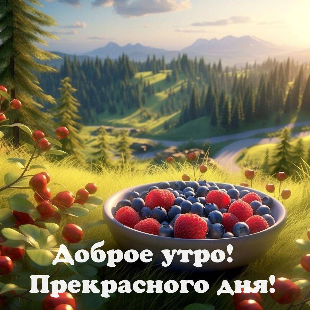 Утро, летняя сцена в горах с ягодами