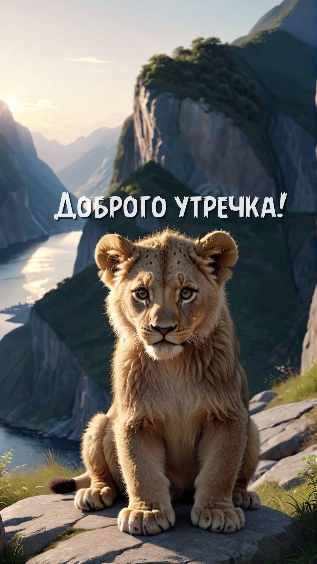 Утро, лев на камне на фоне гор и реки
