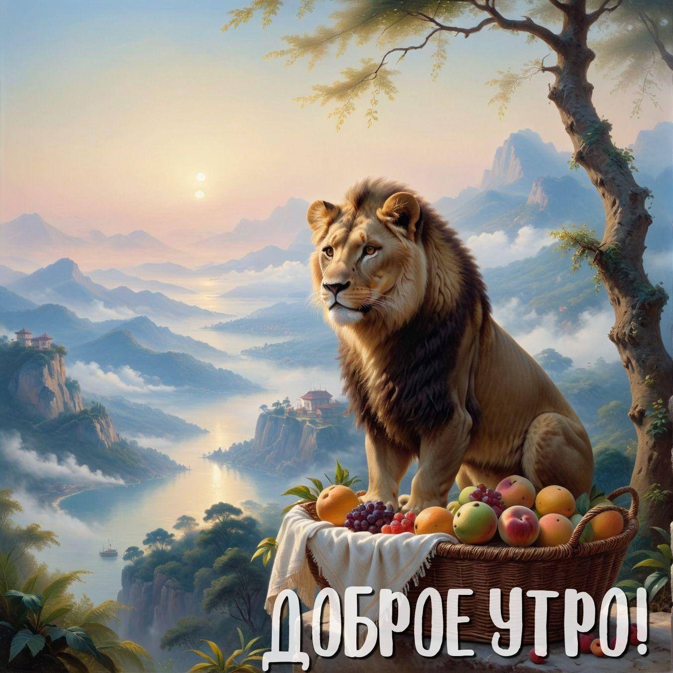Утро, лев на корзине с фруктами и горами на фоне