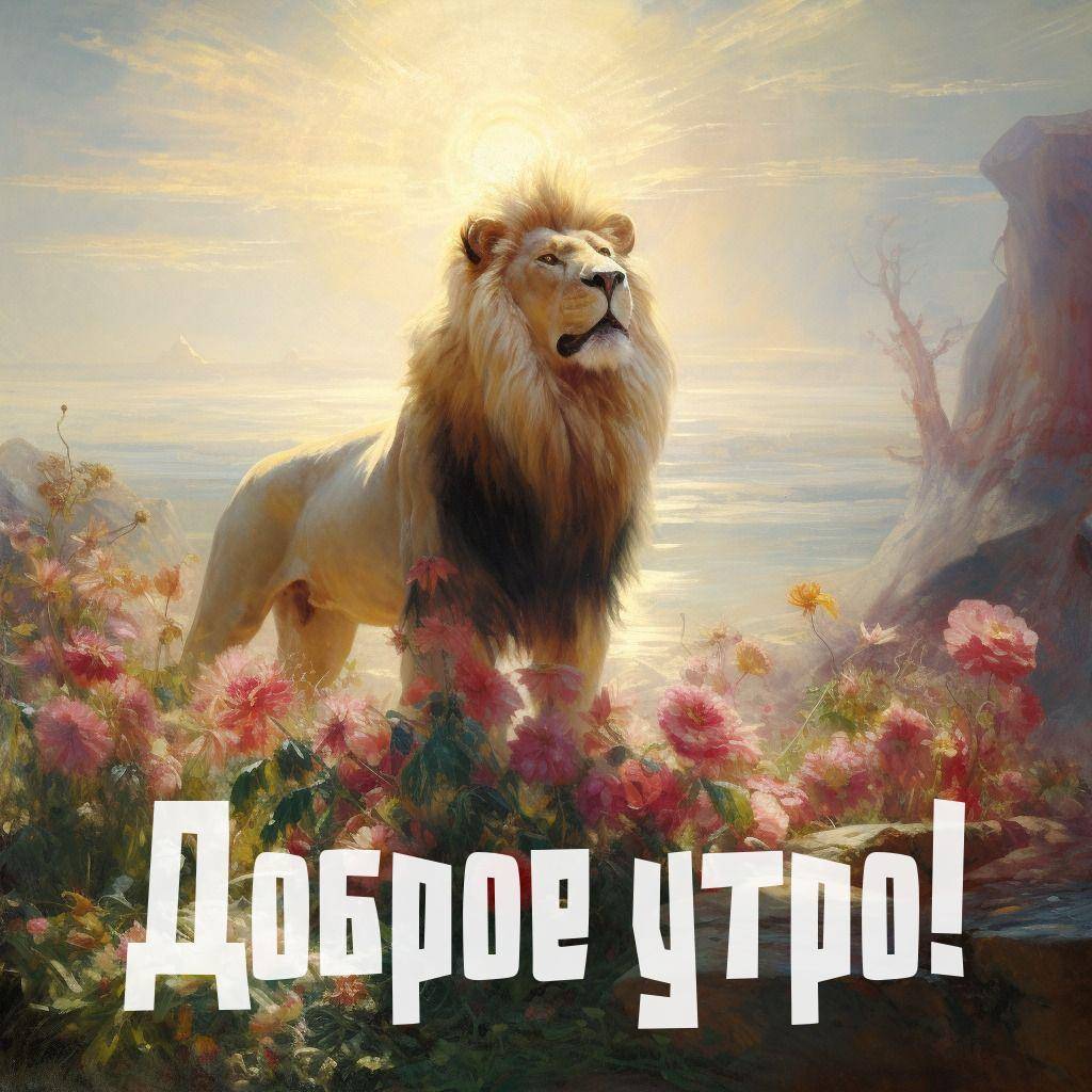 Утро, лев среди цветущих растений на фоне солнца