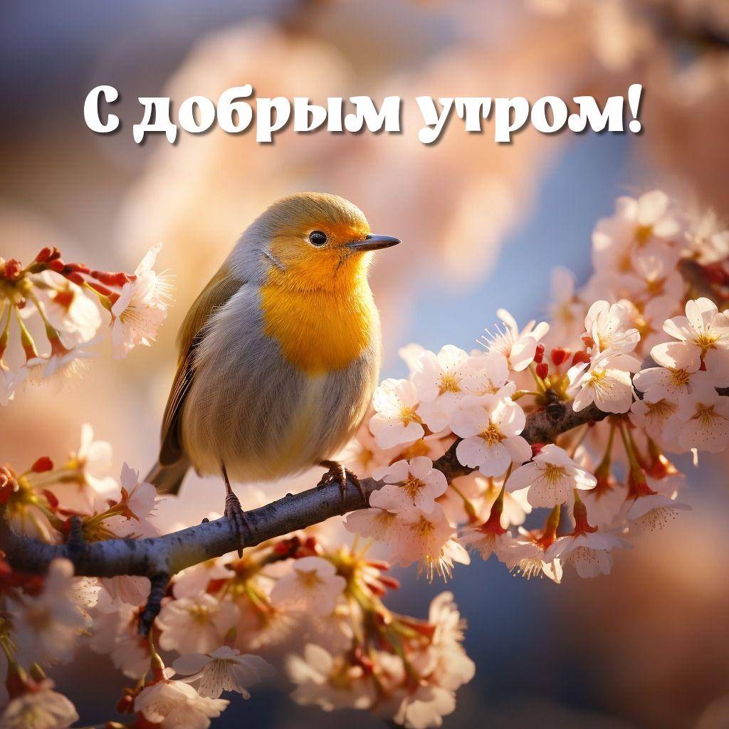 Утро, маленькая птица с оранжевой грудкой на ветке сакуры