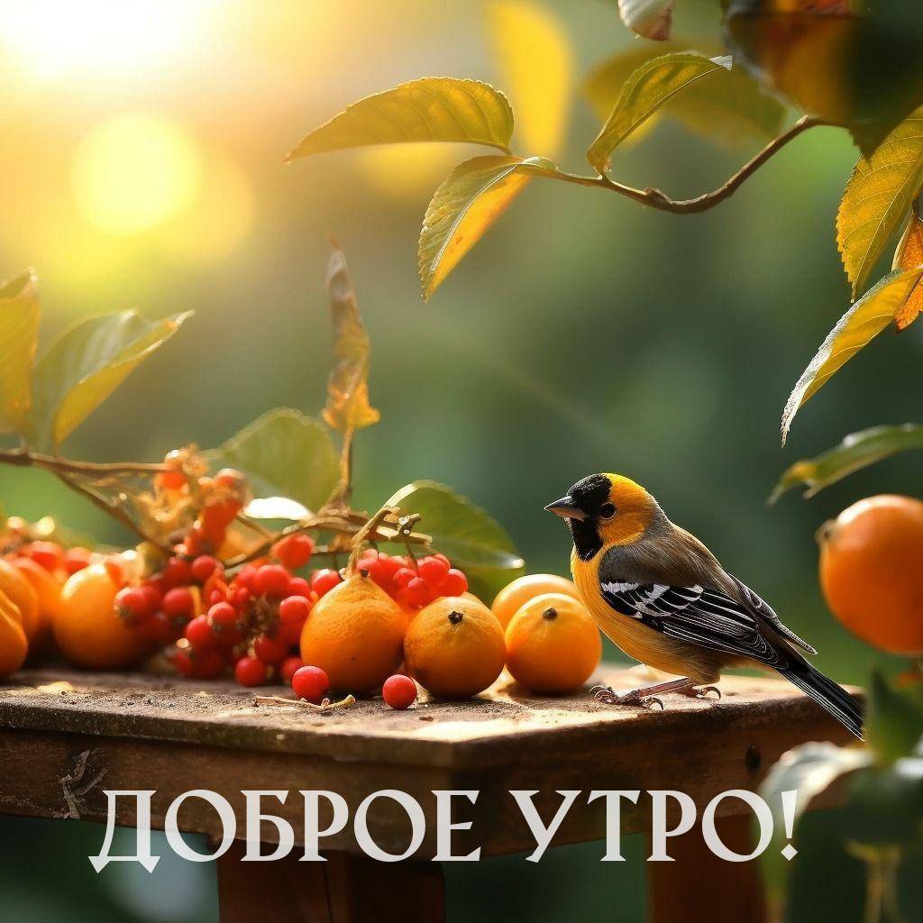 Утро, маленькая птица с жёлтым и чёрным оперением среди ягод
