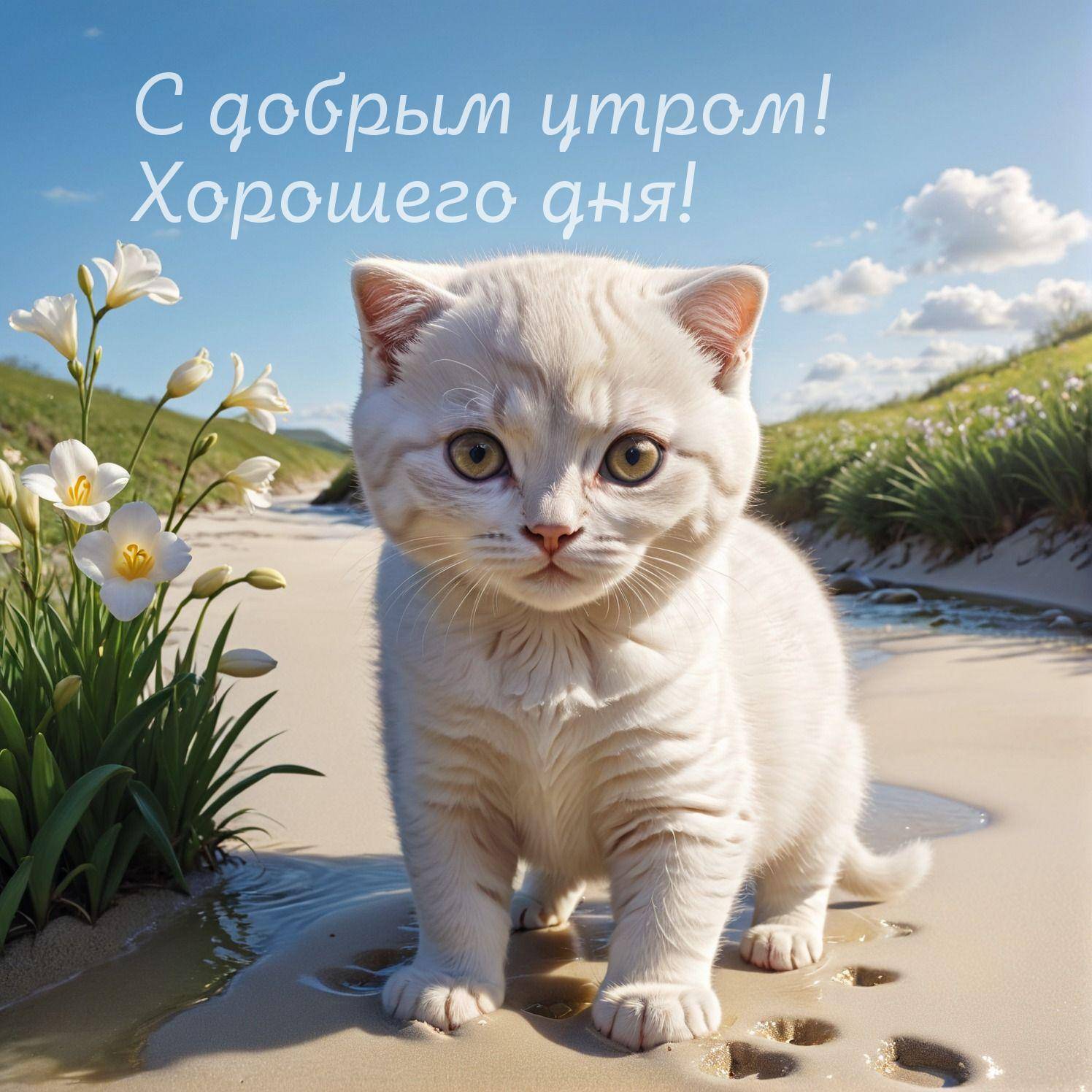 Утро, маленький белый котёнок с большими глазами на песке