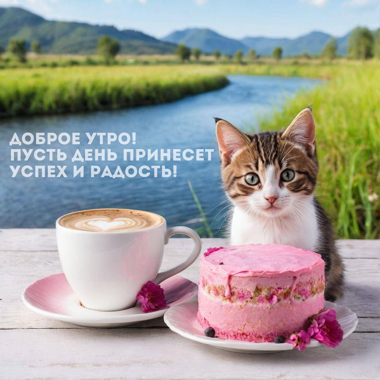 Утро, маленький котёнок за столом с кофе и тортом