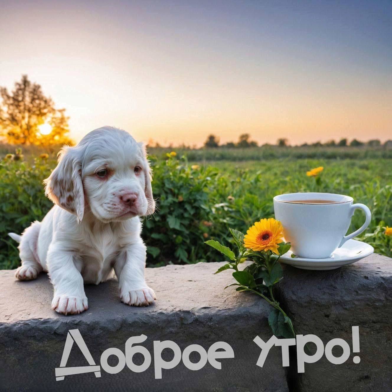 Утро, маленький щенок светлого окраса с чашкой чая