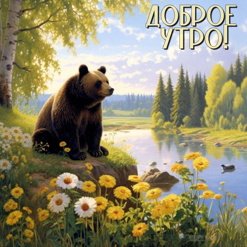 Утро, медведь на берегу реки среди цветов и зелени
