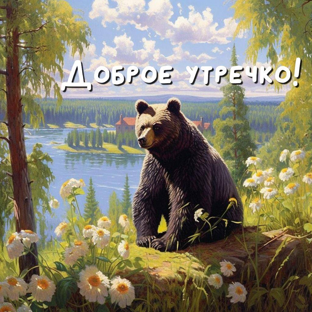 Утро, медведь на поляне с ромашками и деревьями