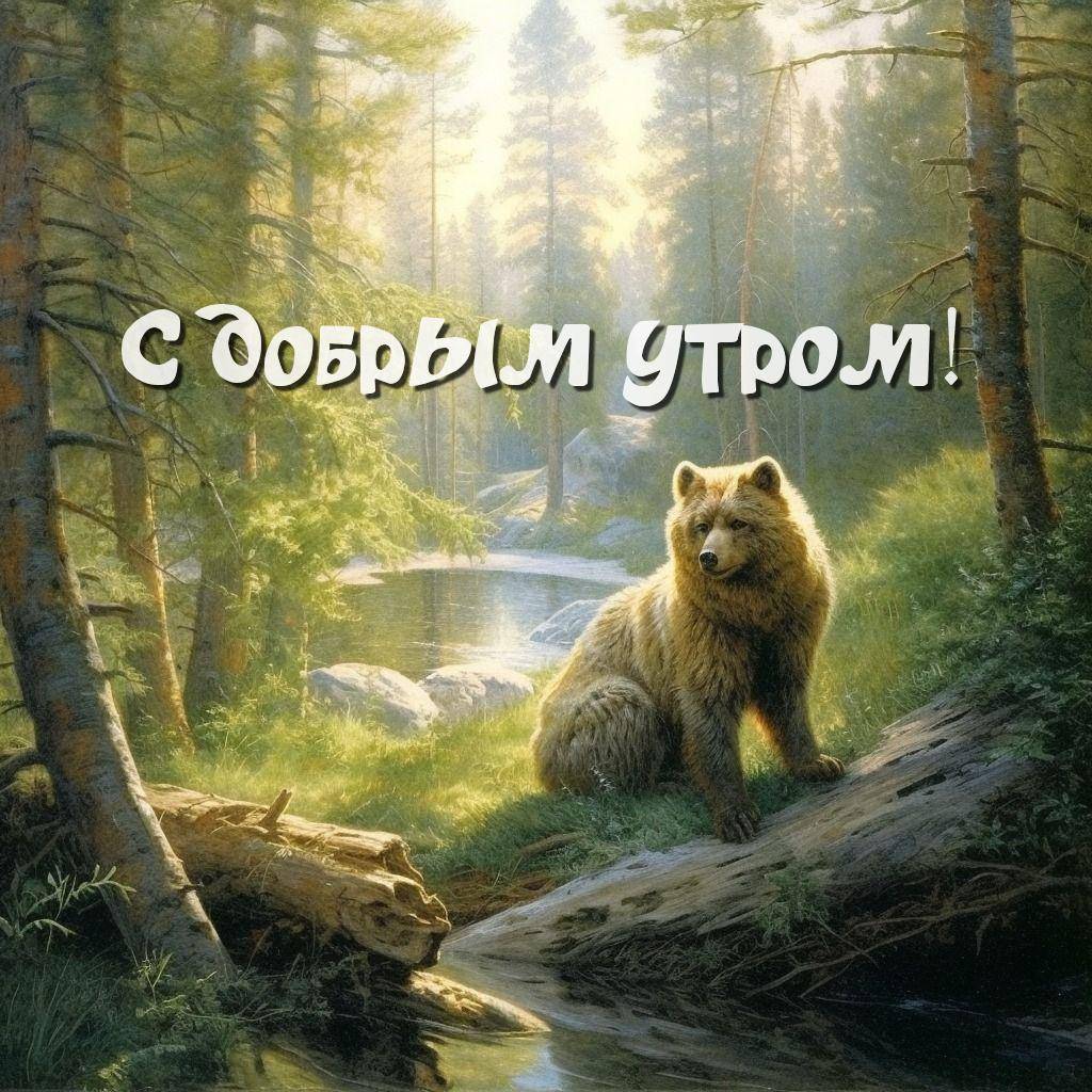 Утро, медведь в лесу у ручья