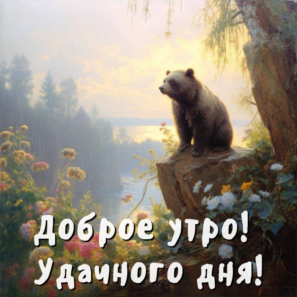 Утро, медвежонок на скале, окружённый цветами, озеро и лес