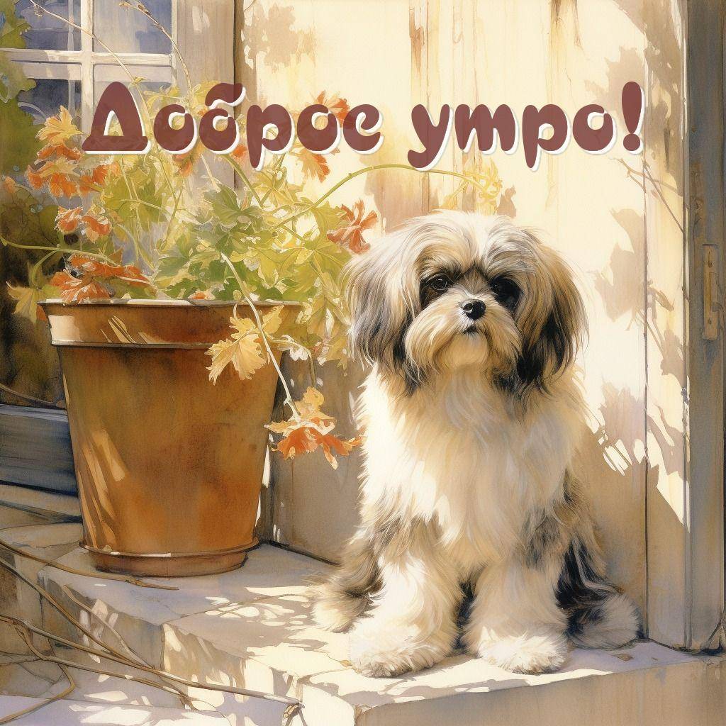 Утро, милая пушистая собака сидит рядом с цветочным горшком