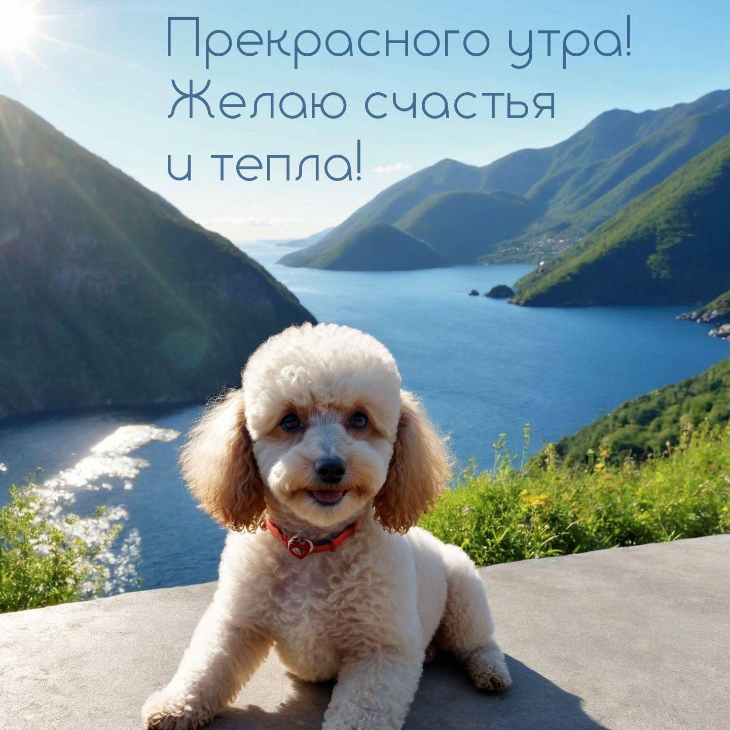 Утро, милая собака с пушистой шерстью на фоне озера